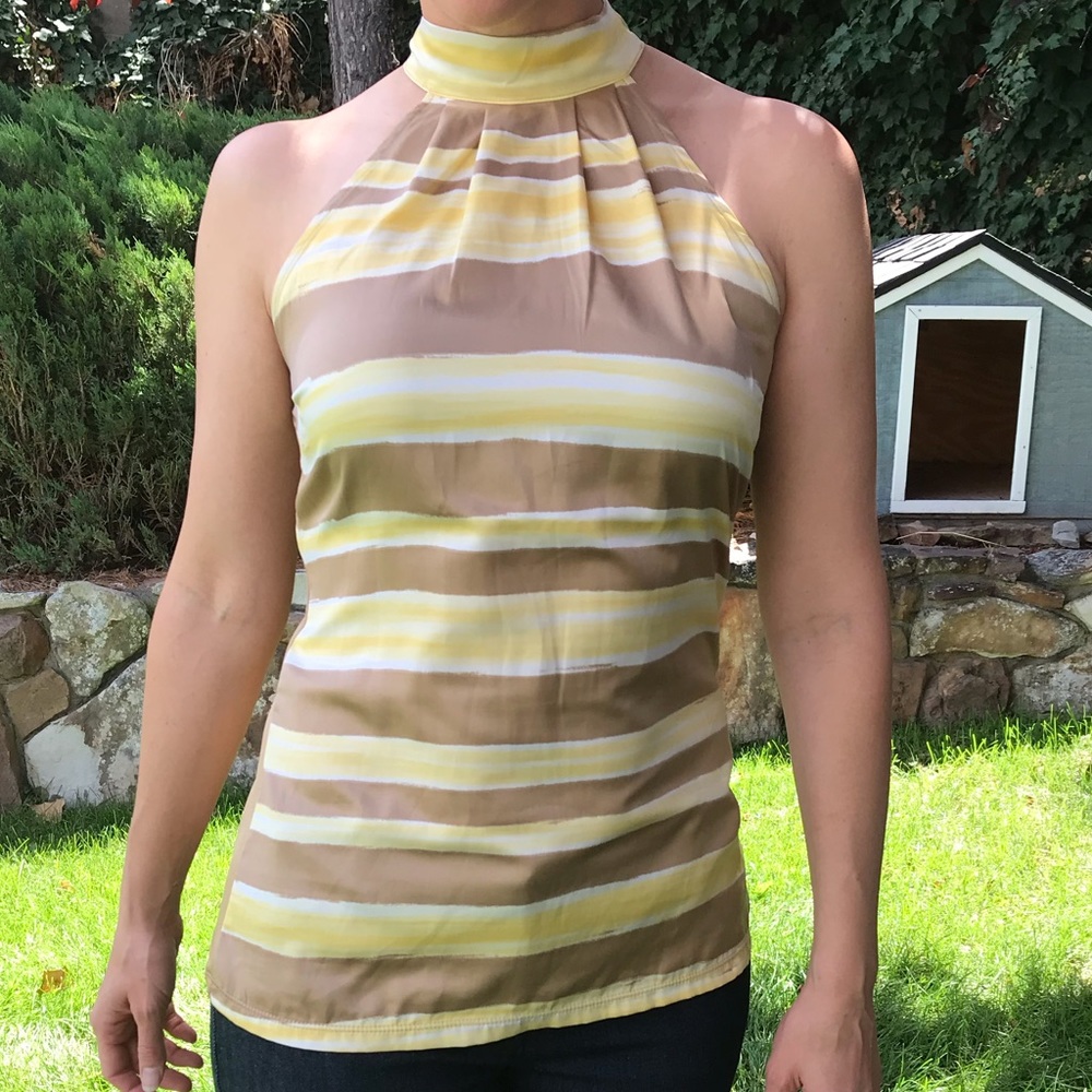 THE LIMITED Striped Halter Top w Tie Neck XS Women's Yellow & Khaki Tan